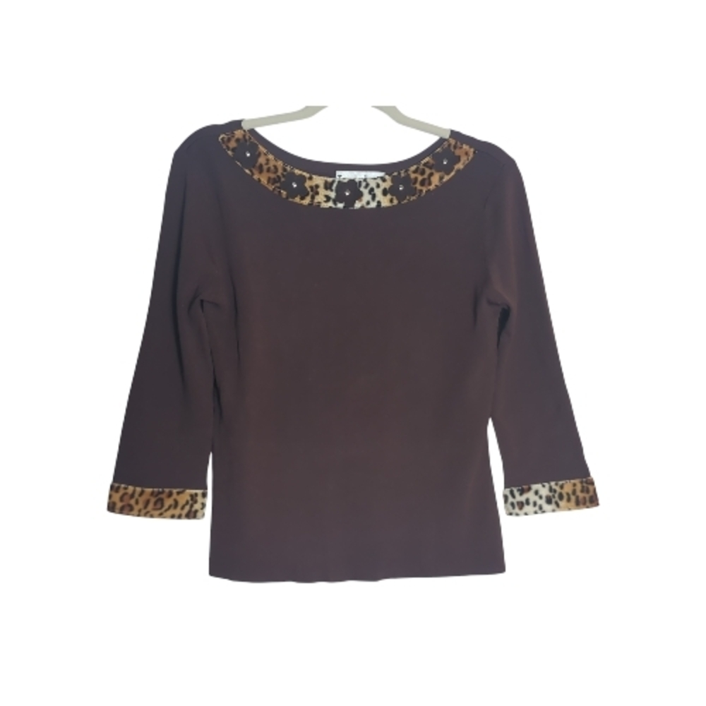 VTG Joseph A XL Brown Knit Sweater Leopard Faux Fur Trim Retro Y2K 90's Mob Wife